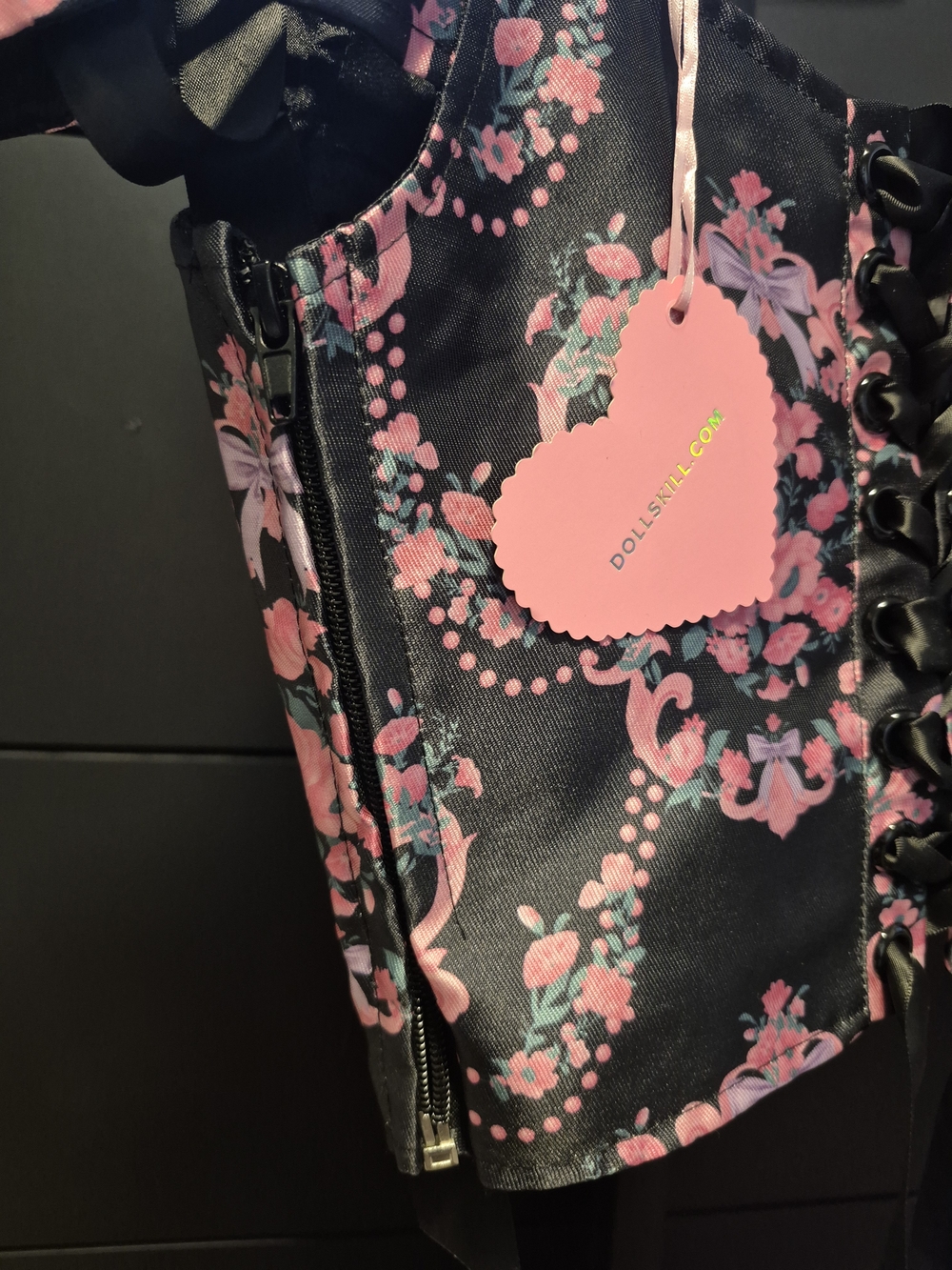 Sugar Thrillz-Black Corset Crop Top with Pink Floral Print - Picture 5 of 5